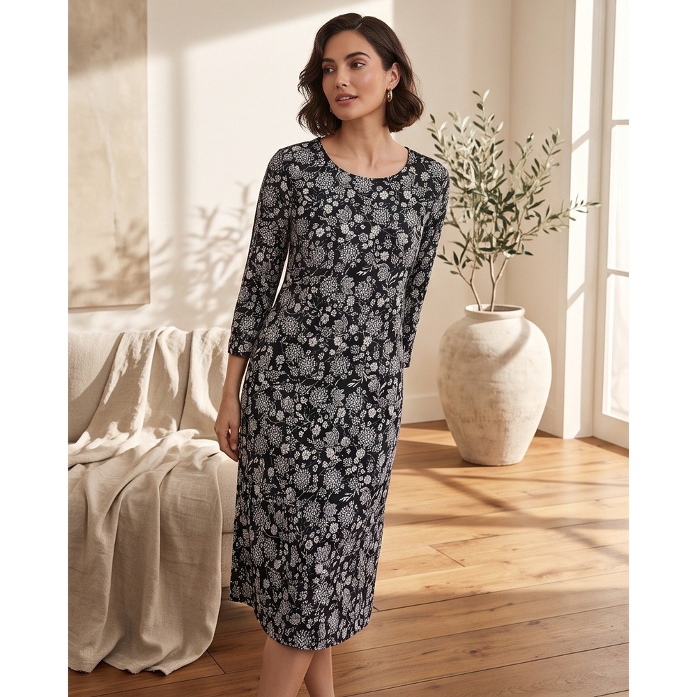 J. Jill Womens Large‎ Floral Midi Dress Black Blue Prairie Cottagecore Romantic